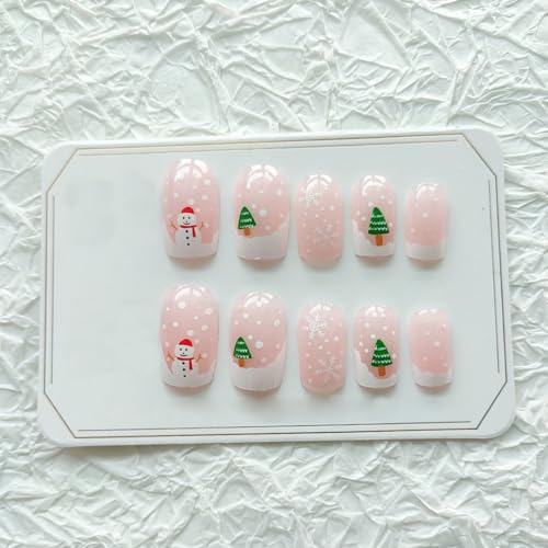24Pcs Christmas Press on Nails Short White French Tip Fake Nails Square Shaped Snowflake Xmas Trees Designs Nude Pink False Nails Stick on Nails for Women Acrylic DIY Winter Holiday Nail Decorations - Image 5