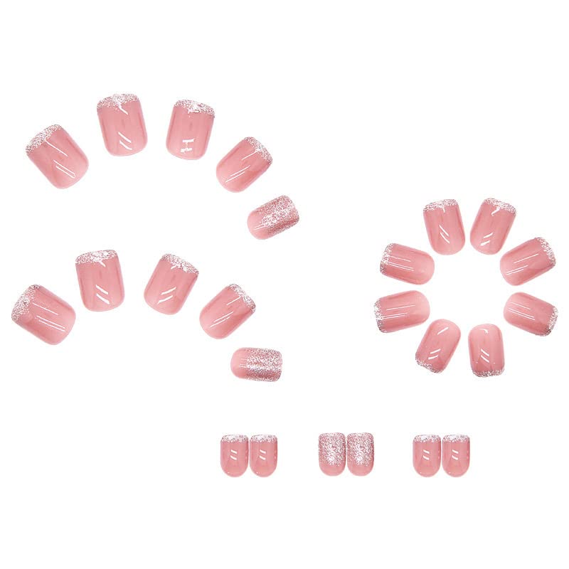 24Pcs Press on Nails Short Round Nails,Gold French Tip Nude Pink Fake Nails with Gold Glitter Acrylic Artificial Glossy Design Glue on Nails Full Cover Stick on Nails for Women Girls Nail Decoration - Image 3