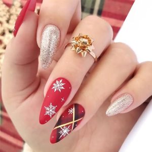 Xmas White Snowflake Long Almond Press on Nails Silver Glitter for Women Set