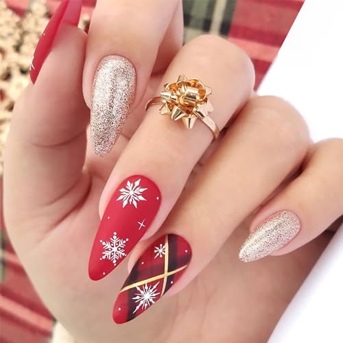 Xmas White Snowflake Long Almond Press on Nails Silver Glitter for Women Set