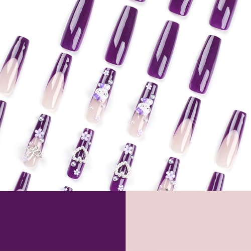 Holiday Press on Nails Long Coffin French Tip Purple Fake Nails with 3D Cat and Flower Designs for Women - Image 3