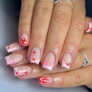 Pink French Tip Press on Nails Short Square Fake Nails Cute Pink Heart Lip Flame Designs Stick on Nails Matte Glue on Nails Valentines Press on Nails for Women Girls Manicure