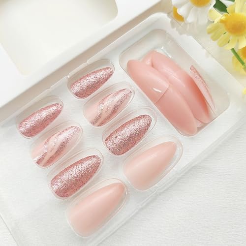 Press on Nails Short Bling Glitter Fake Nails Almond Acrylic Nails Nude Full Cover Nails Press ons Swirls False Nails White Lines Glue on Nails Glossy Stick on Nails for Women 24Pcs - Image 2