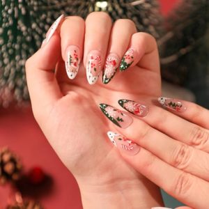 Ranrose Christmas Press On Nails: Almond Nail Tips Medium Fake Nails with Jelly Glue,Natural Fit Almond Nail Tips in 10 Sizes for Women Christmas Nail Decoration,24PCS Full Cover False Nails Set