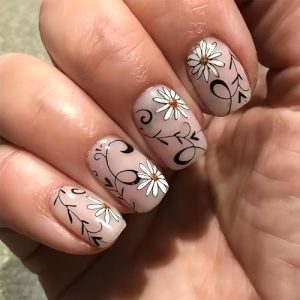 White Daisy Black Leaf Flower Press Short Square Press-On Nails Kit, 24 Pcs