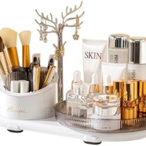 360° Rotating Makeup Organizer,Large Capacity Spinning Cosmetic Display Case for Vanity Cosmetics, Lipsticks, Jewelry, Nail Care, Skincare, Ideal for Bedroom and Bathroom Countertops (White)