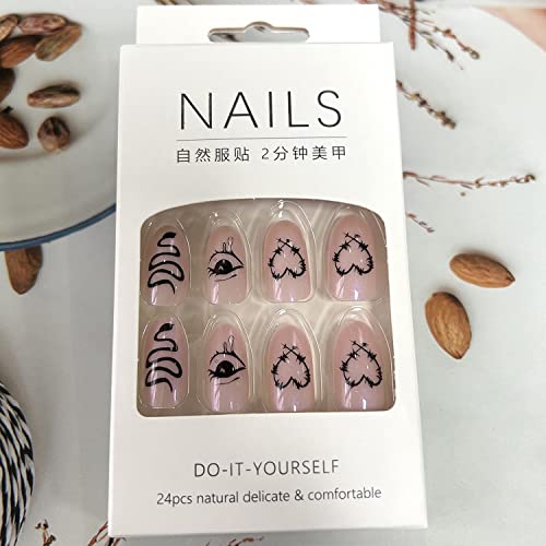 Short Almond Press On Nails Coffin Shape Full Cover Reusable False Nails Stick On Nails with Love Heart Eye Pattern Design Artificial Fingernails Acrylic Black Rose Fake Nails for Women Glue On Nails - Image 6
