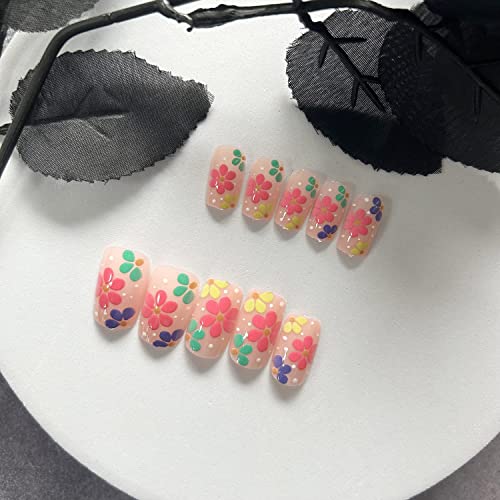24 Pcs Short Acrylic French Tip Press on Nails with Colorful Spring Summer Flowers Design - Image 4