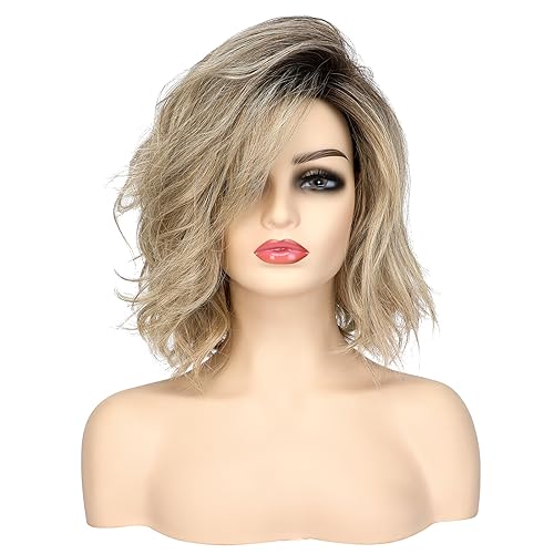 12" Ombre Blonde Curly Wavy Short Bob Wig With Bangs For Girls Women Daily Use Shoulder Length Side Part Synthetic Hair Replacement Wigs Natural Looking Brown To Dirty Blonde Cosplay Wig - Image 2