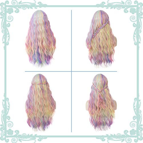 Women's Multi Color Rainbow Wig 27 Inches Long Curly Wavy Hair Wig Heat Resistant Fibers Synthetic Wig For Women Girl Cosplay Party Halloween Wig Cap Included (Multi Color Rainbow) - Image 4