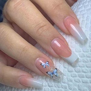 Foccna 24pcs French Tip Press on Nails Long Pink Fake Nails Coffin Glossy White False Nail Tips Artificial Finger Manicure for Women and Girls