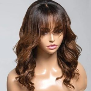 Ombre Brown Layered Cut Wavy Human Hair Wig With Bangs HD Transparent 13X4 Glueleee Lace Front Brazilian Human Hair Wig Bleached Knots 1B 30 Colored Loose Wave Bangs Wig 150 Density for Women 24"