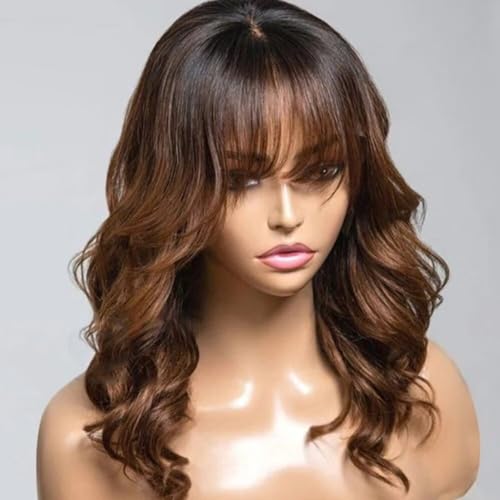 Ombre Brown Layered Cut Wavy Human Hair Wig With Bangs HD Transparent 13X4 Glueleee Lace Front Brazilian Human Hair Wig Bleached Knots 1B 30 Colored Loose Wave Bangs Wig 150 Density for Women 24"