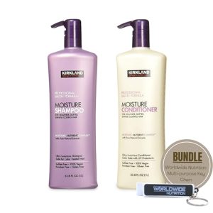 Worldwide Nutrition Bundle: Salon Formula Moisture Shampoo 33.8 Oz & Conditioner 33.8 Oz - Sulfate & Paraben-Free - Kirkland Signature Hair Conditioner Shampoo Set & Multi-Purpose Key Chain