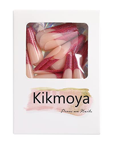 Kikmoya 24pc Extra Long Coffin Red Glitter French Tip Press On Nails for Women - Image 8