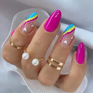IMSOHOT Medium Almond Press on Nails Stiletto Frech Tips Fake Nails with Nail Glue Hot Pink Acrylic False Nails Glossy Nails Colorful and Heart Designs 24PCS