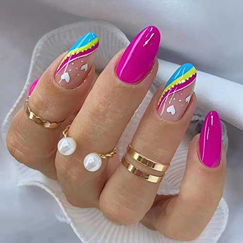 IMSOHOT Medium Almond Press on Nails Stiletto Frech Tips Fake Nails with Nail Glue Hot Pink Acrylic False Nails Glossy Nails Colorful and Heart Designs 24PCS