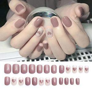 24 Pcs Short Oval Brown Love Glossy Press-On Nails for Women Party Daily Wear