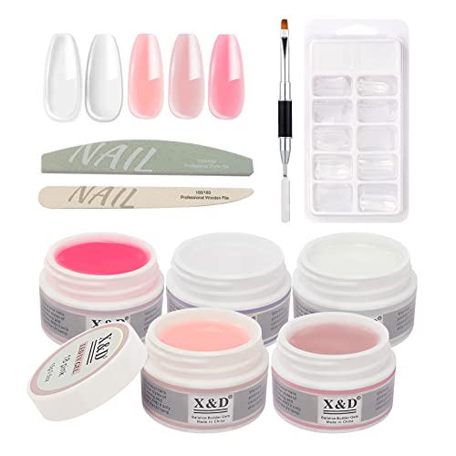 X&D Poly Gel Nail Kit Polygel Quick Dry Natural Clear Polygel 5 Colors Nail Extension Balance Builder Gel with Dual Forms, Gel Brush with Spatula, Professional Nail File and Buffer Set