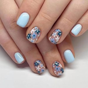 BABALAL Flower Press on Nails Medium Square Fake Nails Light Blue Glue on Nails 24Pcs Spring Squoval Manicure Press ons False Nails