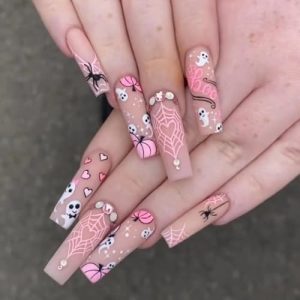 Halloween Long Press on Nails Square Fake Nails Cute Spider Web Pumpkin Ghost Designs False Nails with Exquisite Rhinestones Matte Halloween Extra Long Glue on Nails Pink Acrylic Nails for Women