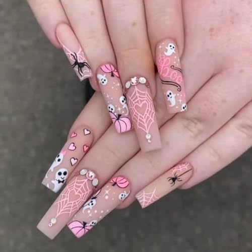 Halloween Long Press on Nails Square Fake Nails Cute Spider Web Pumpkin Ghost Designs False Nails with Exquisite Rhinestones Matte Halloween Extra Long Glue on Nails Pink Acrylic Nails for Women