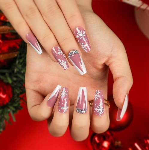 Christmas Press on Nails Coffin Medium Fake Nails White French Tip False Nails With Rhinestones Snowflake Designs Acrylic Stick on Nails Full Cover Artificial Nails for Women Winter Xmas 24Pcs - Image 2