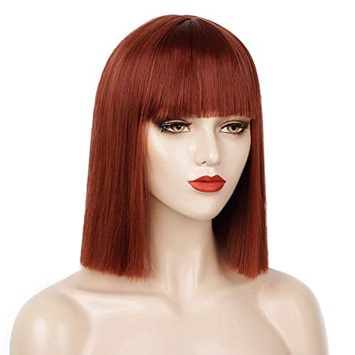 Entranced Styles Short Bob Wig Dark Auburn Synthetic Hair With Bangs 12 Inch - Image 6