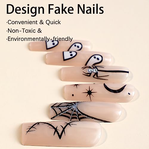 Long Coffin Nude Spider Ghost Halloween Press On Nails Acrylic Kit for Women 24 Count - Image 3
