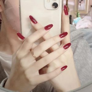 Reusable Glossy Red Medium Oval Press On Nails for Women Girls Acrylic Art Tips