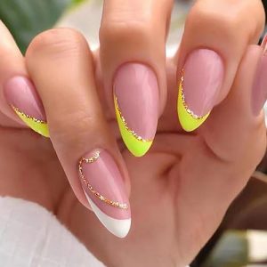 Almond Press on Nails Medium - Lemon Yellow & White French Tip Fake Nails Press ons, Golden Line Design Glue on Nails Pink Full Cover Glossy Acrylic Nails for Women 24 Pcs