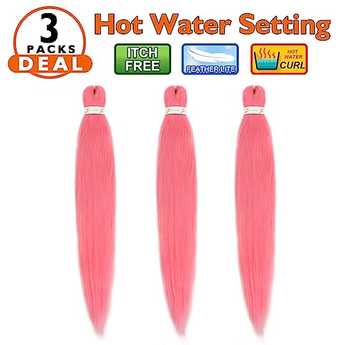 Pink Pre Stretched Braiding Hair 26 Inch 3 Packs Synthetic Crochet Braids Hair Professional Soft Yaki Texture Hot Water Setting Braiding Hair Extensions - Image 2