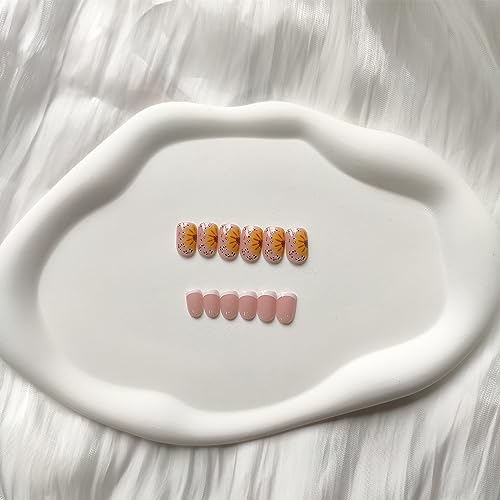 24Pcs Press on Nails Short Pink Fake Nails with Sunflower Spot Designs French Tip False Nails Square Artificial Nails Glossy Stick on Nails White Glue on Nails Cute Acrylic Nails for Women Manicure - Image 7