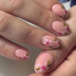 Flower Press on Nails Oval Fake Nails Full Cover Pink Acrylic Nails with White Floral Green Leaf Designs Spring Stick on Nails Glossy Reusable Glue on Nails for Women Girls Holiday Nail Decorations