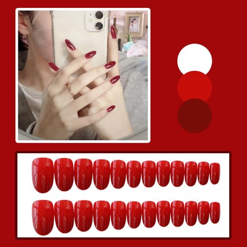 Reusable Glossy Red Medium Oval Press On Nails for Women Girls Acrylic Art Tips - Image 3