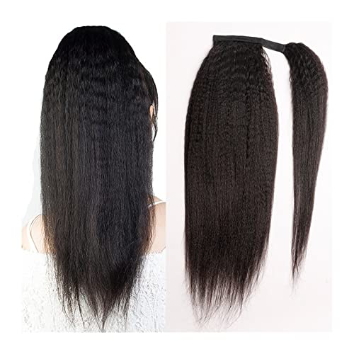 Ponytail Extension 12-26 Inches Kinky Straight Ponytail Human Hair Yaki Straight Ponytail Extension for Black Women Wrap Around Ponytail Hair Piece Natural Black Color Curly Drawstring Ponytail (Colo