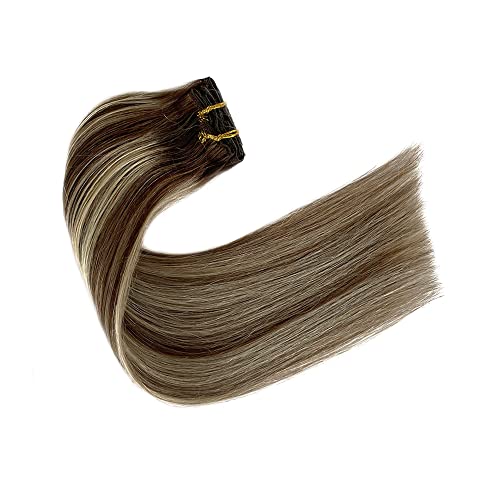 20 Inch Real Human Hair Extensions Clip ins Hair Weft Silky Straight Chocolate Brown with Platinum Blonde Highlights Clip on Brazilian Virgin Human Hair Extensions Double Weft Natural Hair Extensions - Image 5