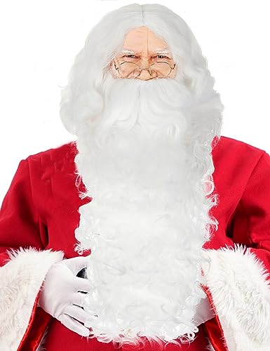 Santa Beard and Wig Set Professional Deluxe Santa Claus Hair with Short and Long White Fake Mustache Realistic Men Christmas Clause Costume Cosplay Accessories