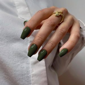 Olive Green Press on Nails Medium Coffin Nails,Glue on Nails Medium,Fake Nails Square Nails Press on,Short Acrylic Nails False Nails,Static Nails Trapezoid Shaped,Gel Nails Stick on Nails in 24 PCS