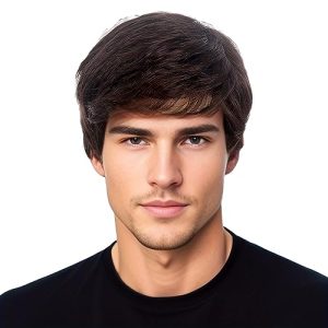REEWES Mens Dark Brown Wig Short Men Wig Curly Men's Wig with Side Swept Bangs Natural Synthetic Full Wig for MaleDaily Party Costume Cosplay Wear