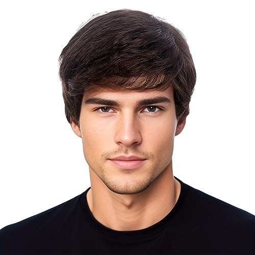 REEWES Mens Dark Brown Wig Short Men Wig Curly Men's Wig with Side Swept Bangs Natural Synthetic Full Wig for MaleDaily Party Costume Cosplay Wear