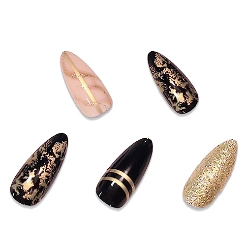 BABALAL Almond Press on Nails Medium Fake Nails Black Gold Stick on Nails 24Pcs Stiletto Acrylic Nails for Women and Girls - Image 2