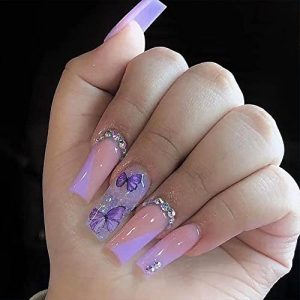Medium Length Purple French Tip Press On Nails 24 Pcs with Rhinestones & Butterfly Sequins