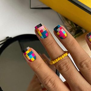 Press on Nails Short Square Fake Nails Glossy Stick on Nails Colorful Squares False Nails with Designs Glue on Nails Artificial Fake Nails Acrylic False Nails for Women Girls Nail Decorations 24Pcs