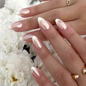 White French Tip Press on Nails Medium Almond Fake Nails with Chrome Designs Glossy Glue on Nails Acrylic False Nails Nude Full Cover Artificial Stick on Nails for Women 24Pcs