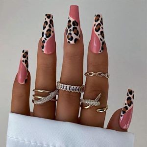 Extra Long Coffin Press on Nails Glossy Pink Leopard Fake Nails Designed Cute Ballerina Full Cover Artificial False Nails Sets for Women and Girls 24Pcs (D)