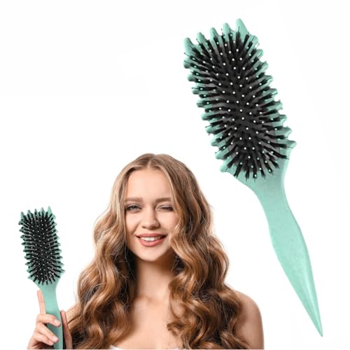 Curly Hair Brush, Curl Defining Brush, Curl Define Styling Brush with Prongs, Boar Bristle Hair Brush for Combing and Shaping Men's and Women's Curls to Reduce Pulling and Curl Separation (Green)