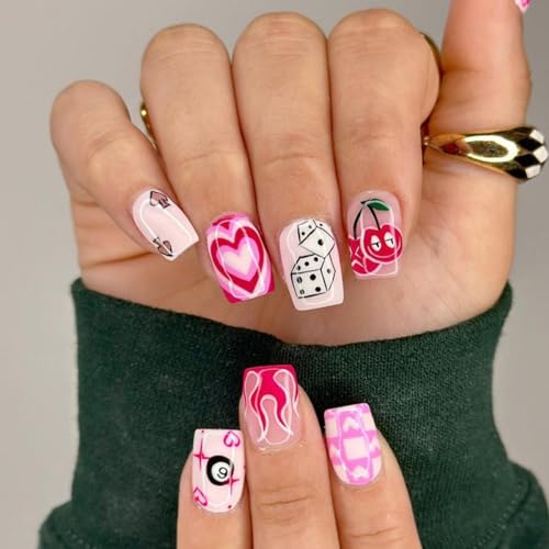 24 Pcs Short Square Pink Press on Nails with Heart Dice Cherry Glossy Design Set