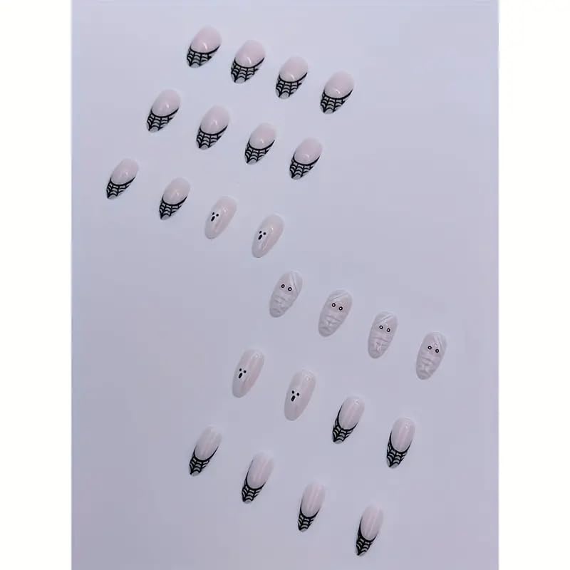 24pcs / set Halloween Style Press on Nails Short Square Fake Nails with Spider Design Glossy Full Cover Reusable Glue on Nails French False Nails Acrylic (Ghost, Wraps, Webs) - Image 2