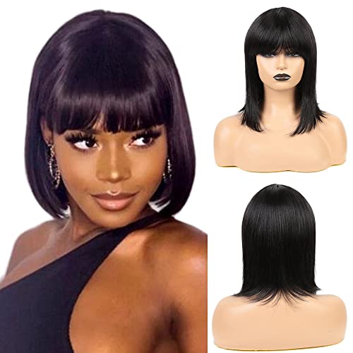 12INC Short Bob Wig with Bangs Human Hair Bob with Bangs Wig Human Hair 150% Density bob's wigs human hair For Women (12 Inch Natural Black) - Image 4